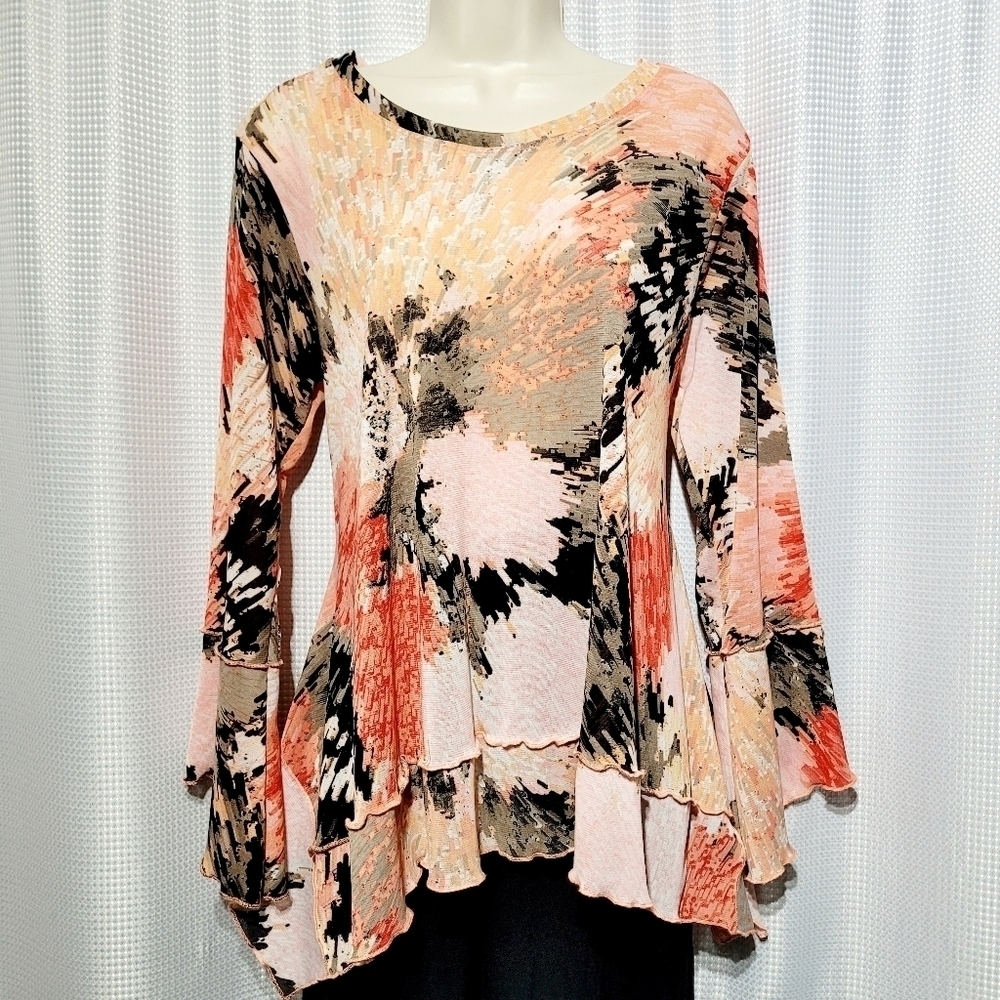 Vine Street Coral Peach Black Flowy Bell Sleeve Top Made in USA (L)
